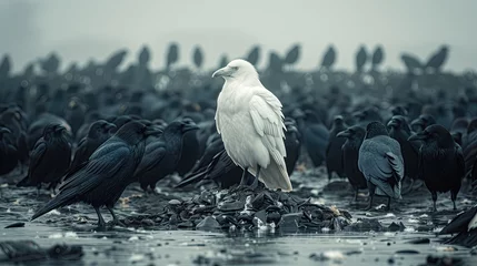 Fotobehang stand out in the crowd From the concept of white crows in a large flock of black crows © PT