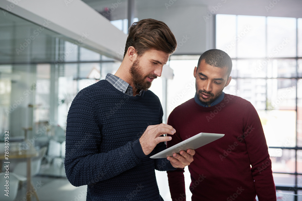 Poster male designers, talking and tablet in office for career, web project or occupation review online for