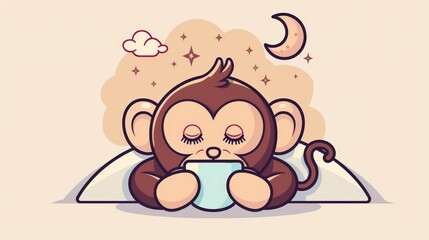   A cartoon monkey atop a pillow, sips coffee under a half moon