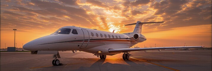 Modern executive jet plane at the airport runway on the background of dramatic sunset. A dramatic sunset adds an air of sophistication to the modern executive jet at the airport runway. - obrazy, fototapety, plakaty
