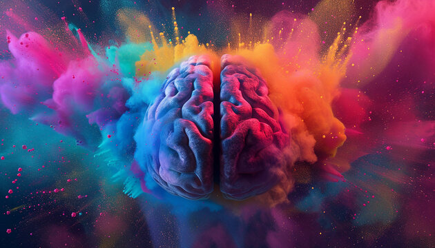 Concept with a brain exploding in colorful holi powder