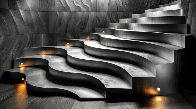   A monochrome image of stairs adorned with lit candles on every step, against a backdrop of a textured wall