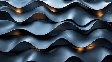   A tight shot of a wavy metal surface, with light positioned at its peak Light also placed at the base - obrazy, fototapety, plakaty