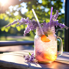 vintage mason jar filled with peach and lavender tea pulpy texture captures summer garden essence