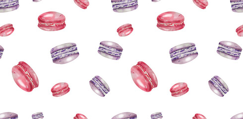 Seamless pattern Macaroons. Pink and Violet Macaroons. Watercolor illustration. white background. for menu, cookbooks, blogs, recipes, kitchen textiles, card, invitation, wallpaper, flayers