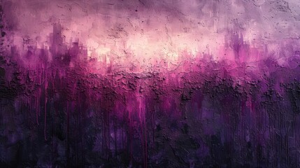   A purple and pink abstract painting against a black and purple backdrop, featuring dark, radiating streaks of light originating from the artwork's upper region