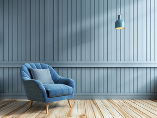 Light blue wooden walled room with armchair and ceiling lamp in natural daylight.