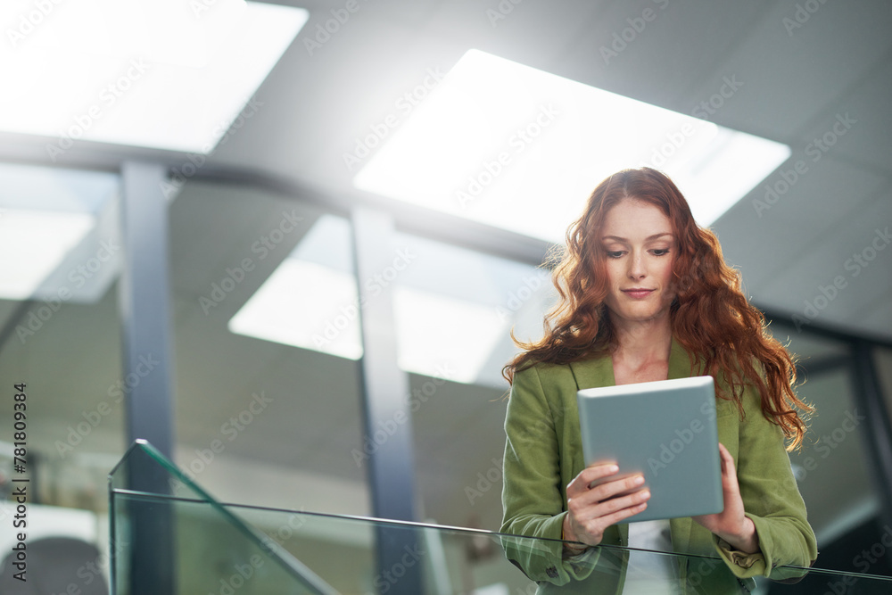 Poster professional, woman and tablet in workplace for planning, schedule and technology for creative agenc