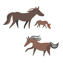Horse set, flat vector icon, colorful illustration isolated on white background, decorative animal, equine family, doodle sketch sign mammal for design pattern, greeting card, mascot, children map