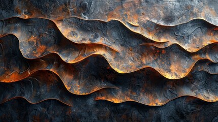   A detailed view of a fire burning in the center of a textured wall, featuring a undulating wave pattern atop it