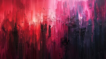   A red and purple painting against a black-and-white backdrop featuring cascading water droplets