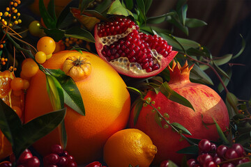 Background of Pomegranate, oranges, berries - 781809364
