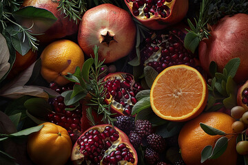 Background of Pomegranate, oranges, berries - 781809365