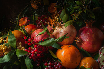 Background of Pomegranate, oranges, berries