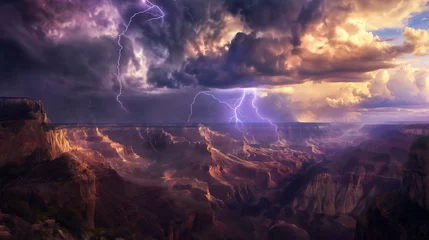 Papier Peint photo Aubergine Intense lightning bolts strike down in a dramatic scene over the vast Grand Canyon landscape