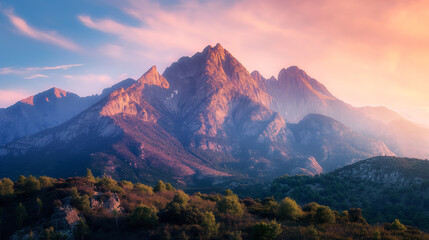 This stunning image captures the essence of majestic mountain range bathed in the warm glow of a pink sunset, highlighting nature's grandeur - obrazy, fototapety, plakaty