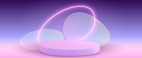 3d abstract neon light pink podium for product display. Cosmetic stage with bright ring. Empty round platform render in modern studio for award presentation on purple gradient mockup background.