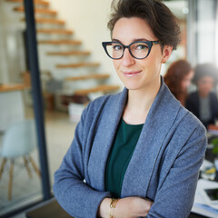 Business woman, smile and portrait in coworking space for career, company planning and project...