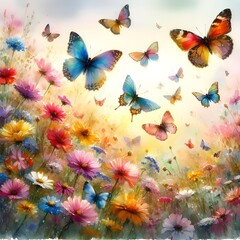 Butterflies and flowers. Generative ai