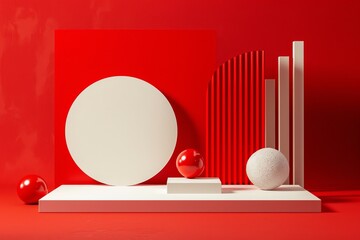 Geometric Shapes Composition on Red Background: Exhibition Podium for Product Presentation Generative Ai