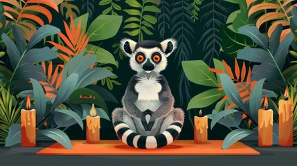   A lemur atop a rug, jungle backdrop, candles and candlesticks nearby