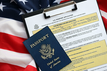 Department of State form DS11 Application for a U.S. Passport lies on table and ready to fill close up. Paperwork during operations with US Passport concept