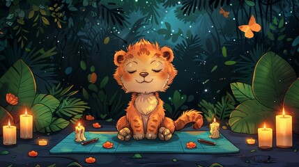   A feline on a forest rug, surrounded by candles, faces a distant butterfly