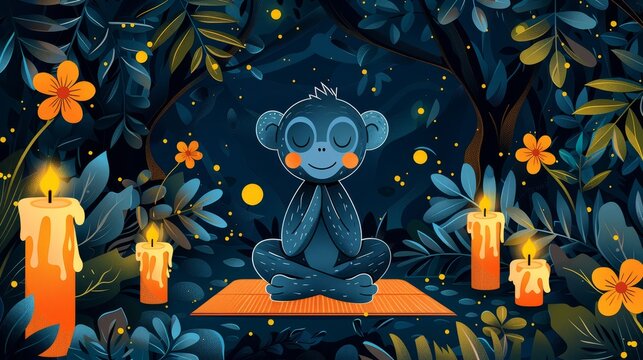   A monkey sits on a mat in a forest's heart, encircled by candles and flowers
