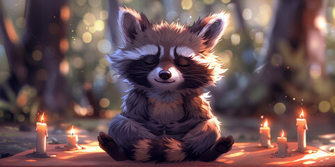   A raccoon seated in a forest, candles aglow before it