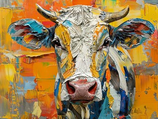 Rustic themed oil painting, abstract cow and milk, palette knife strokes in silver, yellow, and orange, on a lively background with striking lighting