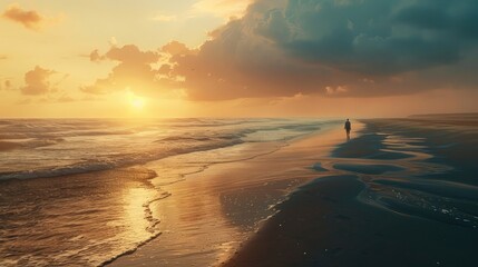 A distant figure walking along a deserted beach at sunset, the vast expanse of the ocean stretching out before them, - obrazy, fototapety, plakaty