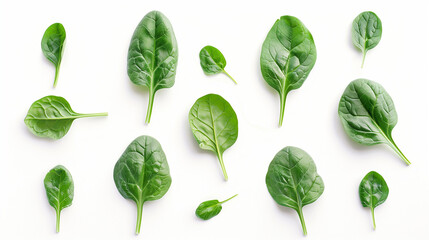 Fresh spinach leaves spread on white surface, top view. Pristine green spinach, with leaves fanned out, showcasing various shades and veins, ideal for health and nutrition use, cooking instructions - obrazy, fototapety, plakaty