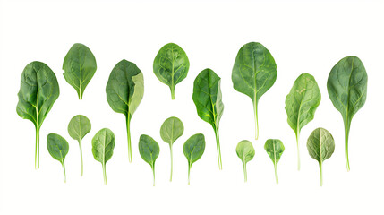 Fresh spinach leaves spread on white surface, top view. Pristine green spinach, with leaves fanned out, showcasing various shades and veins, ideal for health and nutrition use, cooking instructions
