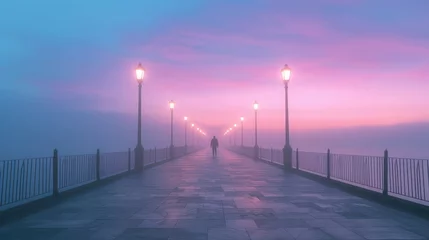  A distant figure walking along a deserted pier at dawn, the first light of morning painting the sky in soft hues, © Ammar
