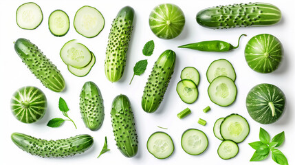 Top view of fresh cucumbers isolated on a white background, featuring an assortment of whole and sliced cucumbers that highlight the vegetable's crisp texture and vibrant green color