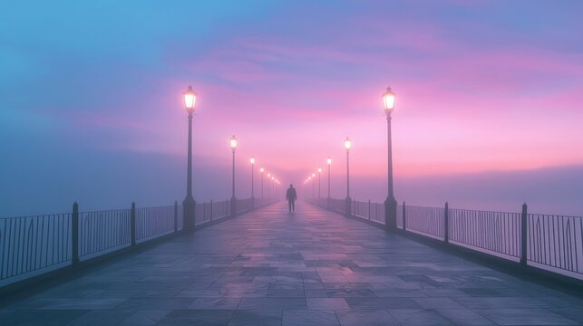 Fototapeta A distant figure walking along a deserted pier at dawn, the first light of morning painting the sky in soft hues,