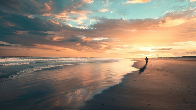 A distant figure walking along a deserted beach at sunset, the vast expanse of the ocean stretching out before them,