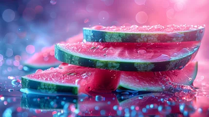 Foto op Plexiglas   A collection of watermelon slices atop a table, dripping with condensed H2O © Nadia