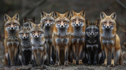 Fototapeta premium A group of foxes stands together on a dirt field, facing a wooded area