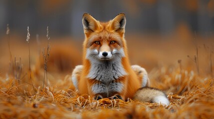 Fototapeta premium A fox, gazing sadly, in close-up, amidst a field of grass