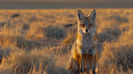Fototapeta premium A tight shot of a fox in a golden field of dried grass, basking in the sunlight as it illuminates its face