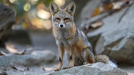   A fox sits atop a rock, gazing at reflective water Trees tower behind