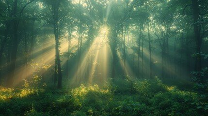   A forest teeming with numerous trees and abundant sunlight filtering through their sides - obrazy, fototapety, plakaty