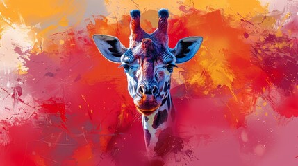   A giraffe's head in tight focus against a vibrant red and yellow backdrop, speckled with paint splatters