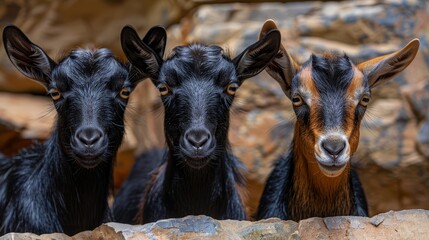   Three goats stand together atop a mound of dirt, near a stack of rocks