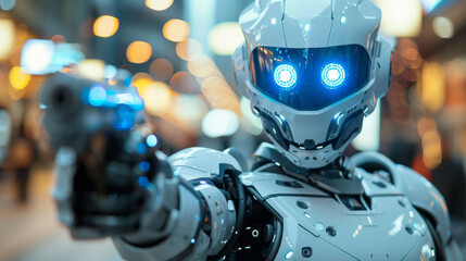 A close-up of an advanced humanoid robot with striking illuminated blue eyes, highlighting the progression in robotic technology.