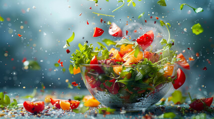 A vibrant explosion of fresh salad ingredients mid-air with droplets of water adding a dynamic, refreshing feel. - Powered by Adobe