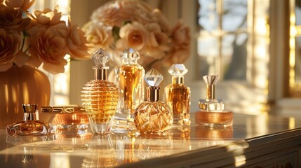 The artful arrangement of cosmetics, luxury embodied in glass and light