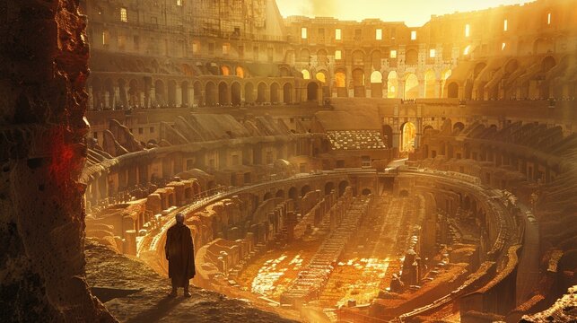 The Colosseums arena, bathed in sunlight, beckons a gladiator to his fate