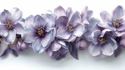  A row of purple flowers aligned on a white surface, with one flower situated centrally - obrazy, fototapety, plakaty